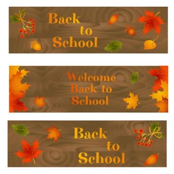 Collection of Back to school backgrounds with leaves, berries, acorns and text Stock Illustration