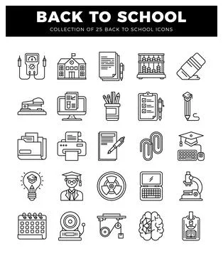 A collection of back to school educational icons in a grid layout on a whit.. Stock Illustration