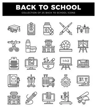 Collection of back to school icons featuring education and learning symbols.. Illustrazione stock