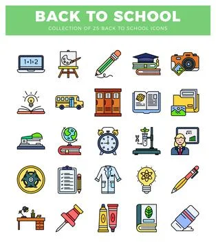 Collection of back to school icons featuring educational and learning tools.. Illustrazione stock