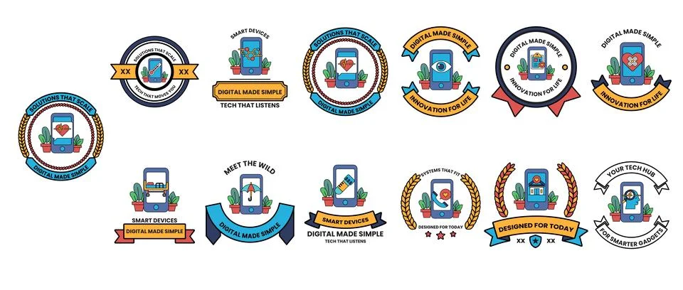 A collection of badges with a theme of technology Stock Illustration