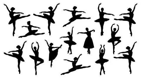 Collection of ballet dancer silhouettes performing classical dance poses Stock-Illustration