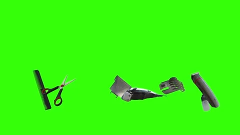 Collection of barber tools and grooming accessories on a green screen background Stock Footage 340888961