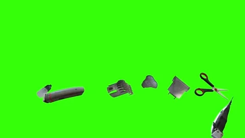 Collection of barber tools and grooming accessories on a green screen background Stock Footage 340888965