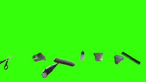 Collection of barber tools and grooming accessories on a green screen background Stock Footage 340888967