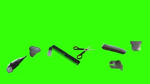 Collection of barber tools and grooming accessories on a green screen background Stock Footage 340888973