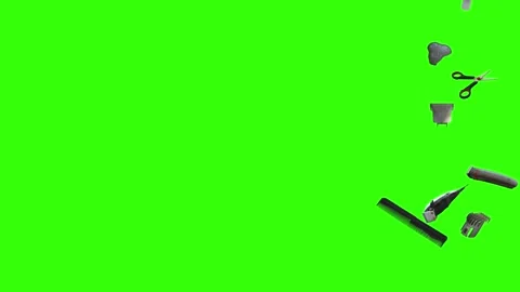 Collection of barber tools and grooming accessories on a green screen background Stock Footage 340888975
