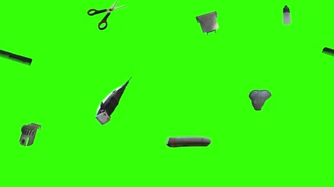 Collection of barber tools and grooming accessories on a green screen background Stock Footage 340888976