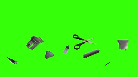 Collection of barber tools and grooming accessories on a green screen background Stock Footage 340888977