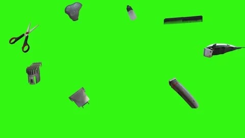 Collection of barber tools and grooming accessories on a green screen background Stock Footage 340888988