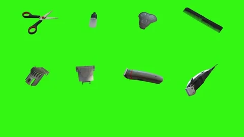 Collection of barber tools and grooming accessories on a green screen background Stock Footage 340888998