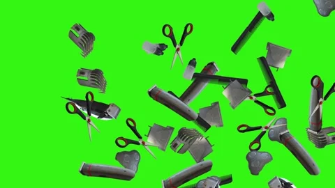Collection of barber tools and grooming accessories on a green screen background Stock Footage 340889000