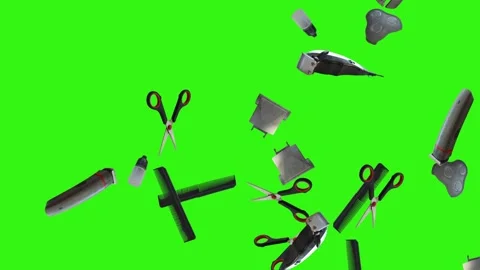 Collection of barber tools and grooming accessories on a green screen background Stock Footage 340889001
