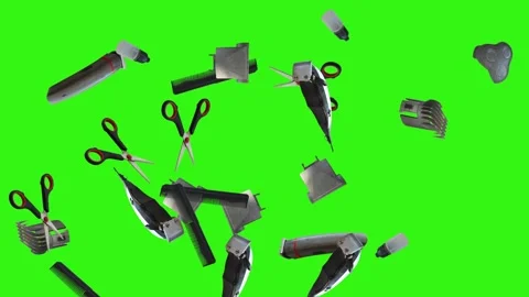 Collection of barber tools and grooming accessories on a green screen background Stock Footage 340889003