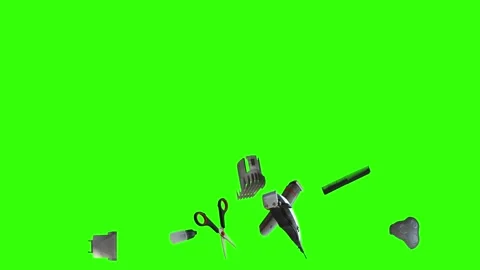 Collection of barber tools and grooming accessories on a green screen background Stock Footage 340889004