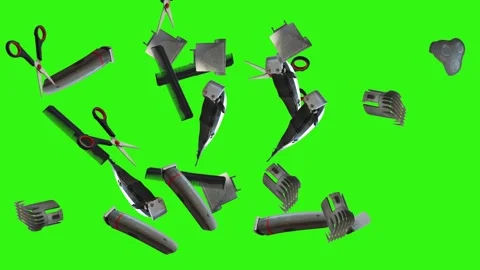 Collection of barber tools and grooming accessories on a green screen background Stock Footage 340889005
