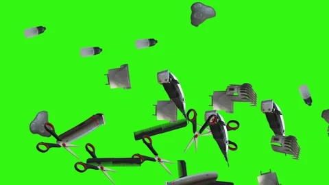 Collection of barber tools and grooming accessories on a green screen background Stock Footage 340889009