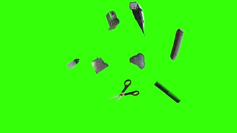 Collection of barber tools and grooming accessories on a green screen background Stock Footage 340889015