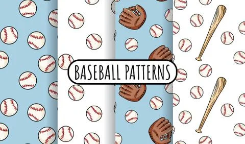 Collection of baseball seamless patterns. Cute doodles hand drawn baseballs b Stock Illustration