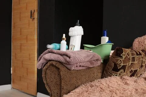 Collection of bathroom essentials and personal care items neatly arranged o.. Stock Photos