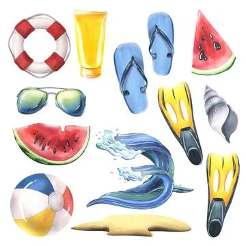 A collection of beach accessories, summer, bright, for relaxation and Stock Illustration