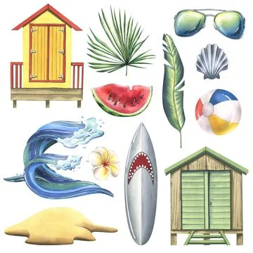 A collection of beach accessories, summer, bright, for relaxation and Stock-Illustration