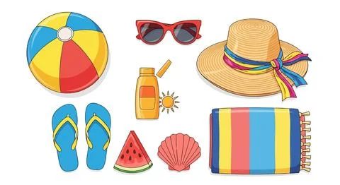A collection of beach items including a hat and towel Stock Illustration
