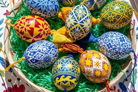 A collection of beautiful Easter eggs, each intricately decorated with tradit Stock Photos