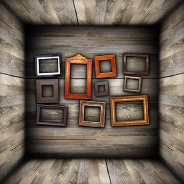 Collection of beautiful empty frames on wood interior Stock Illustration