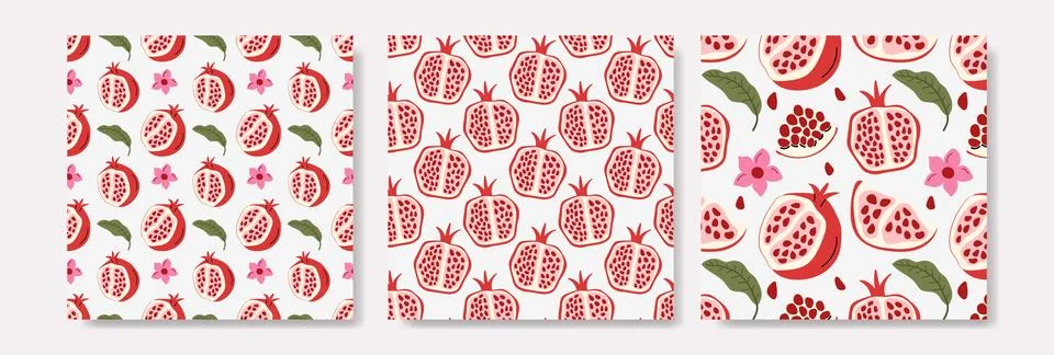 Collection of beautiful seamless patterns featuring whole and sliced red pome Stock Illustration