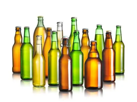 Collection of beer bottles without labels isolated on white Stock Photos