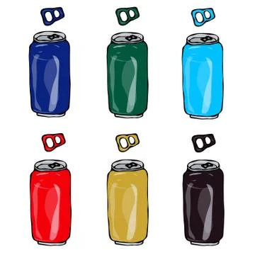 Collection of Beer Cans in Different Colours Blue, Green, Red, Gold, Dark Brown Stock Illustration