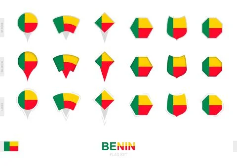 Collection of the Benin flag in different shapes and with three different e.. Stock Illustration