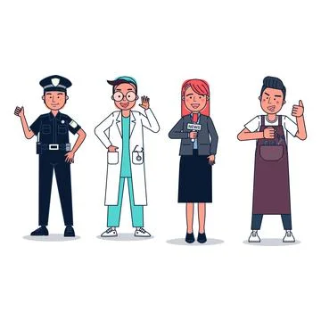 Collection of big set isolated various occupations or profession people wearing Stock Illustration