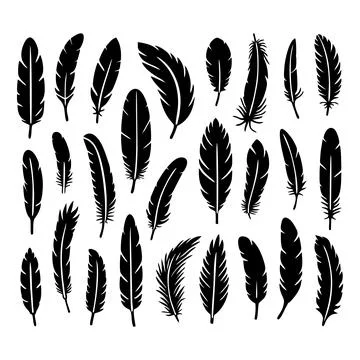 A collection of bird feathers set icon. Feather silhouette. Vintage pen for Stock Illustration