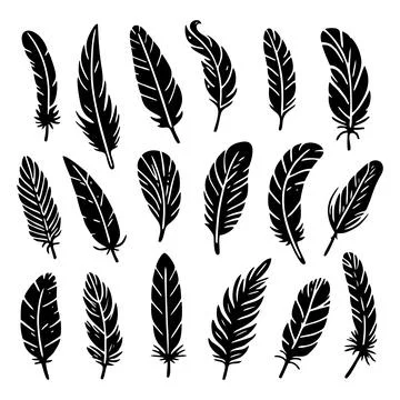 A collection of bird feathers set icon. Feather silhouette. Vintage pen for Stock Illustration