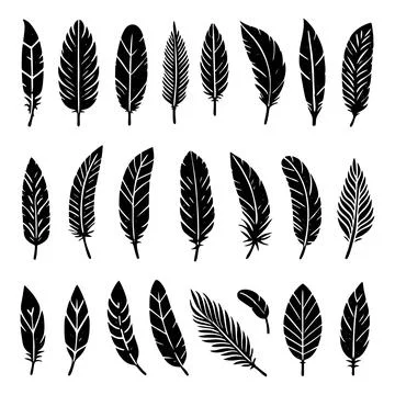 A collection of bird feathers set icon. Feather silhouette. Vintage pen for Stock Illustration