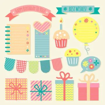 Collection of birthday decorative scrapbook elements Stock Illustration