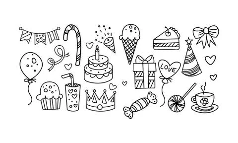 Collection of Birthday elements, hand drawn carnival festive symbols vector Stock Illustration