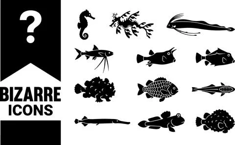 Collection of Bizarre and Unique Fish Icons for Design Projects. Ilustração Stock