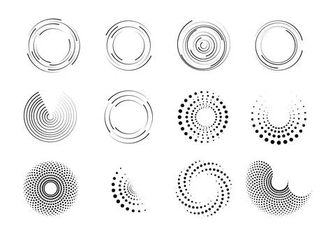 Collection of black abstract circular graphic elements and dot patterns circl Illustrazione stock