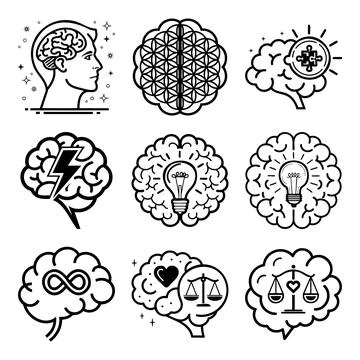 Collection of black and white brain representing ideas and concepts msea se.. Stock Illustration