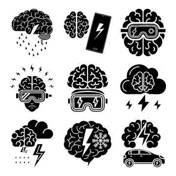 Collection of black and white brain with lightning and weather msea set min.. Stock Illustration