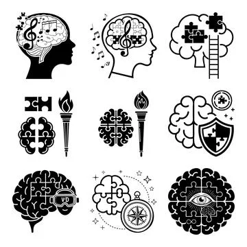Collection of black and white brain and puzzle representing concepts msea s.. Stock Illustration