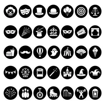 Collection of black and white circus and carnival icons, including clown, m.. Stock Illustration