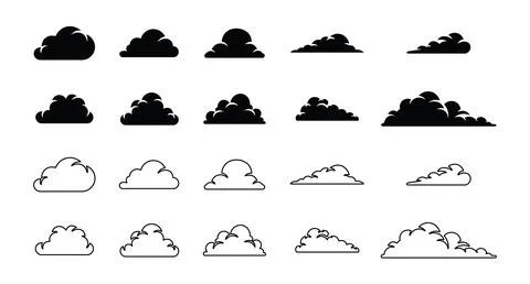 Collection of black and white cloud icons and outlines clouds silhouette Stock Illustration