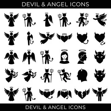 Collection of black and white devil and angel icons, including winged figur.. Stock Illustration
