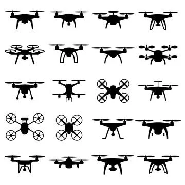 Collection of black and white drone silhouettes in various Stock Illustration