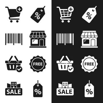 Collection of black and white e-commerce icons including shopping cart, dis.. Illustration