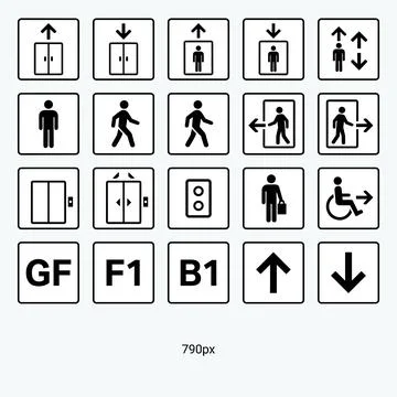 Collection of black and white elevator and directional icons including up a.. Ilustración de archivo